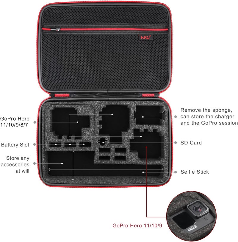 HSU Carrying Case for GoPro Hero 13, 12, 11, 10, 9, 8, 7, 6, 5 Black, AKASO Campark and Accessories, GoPro Travel Case with Fully Customizable Interior, Action Camera Storage Bag（Large） - Image 4